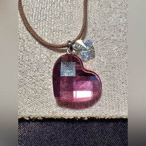 Authentic Swarovski Pink Crystal Heart & Butterfly Pendant Leather Necklace